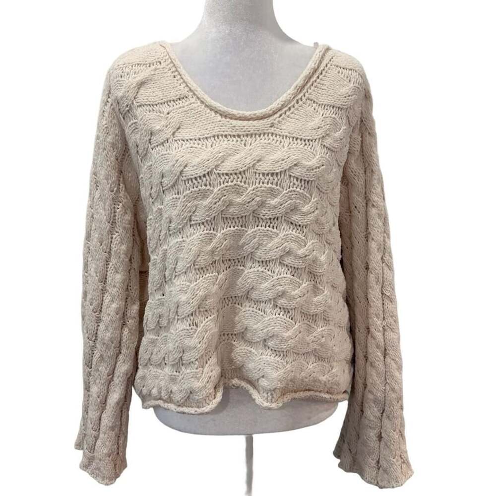 POL Cream Chunky Cable Knit Roll Neck Sweater Braided Textured Boho Fisherman S